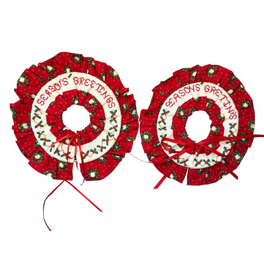 Finished Cross Stitch Christmas Hand Sewn Fabric Wreaths 9" Seasons Greetings